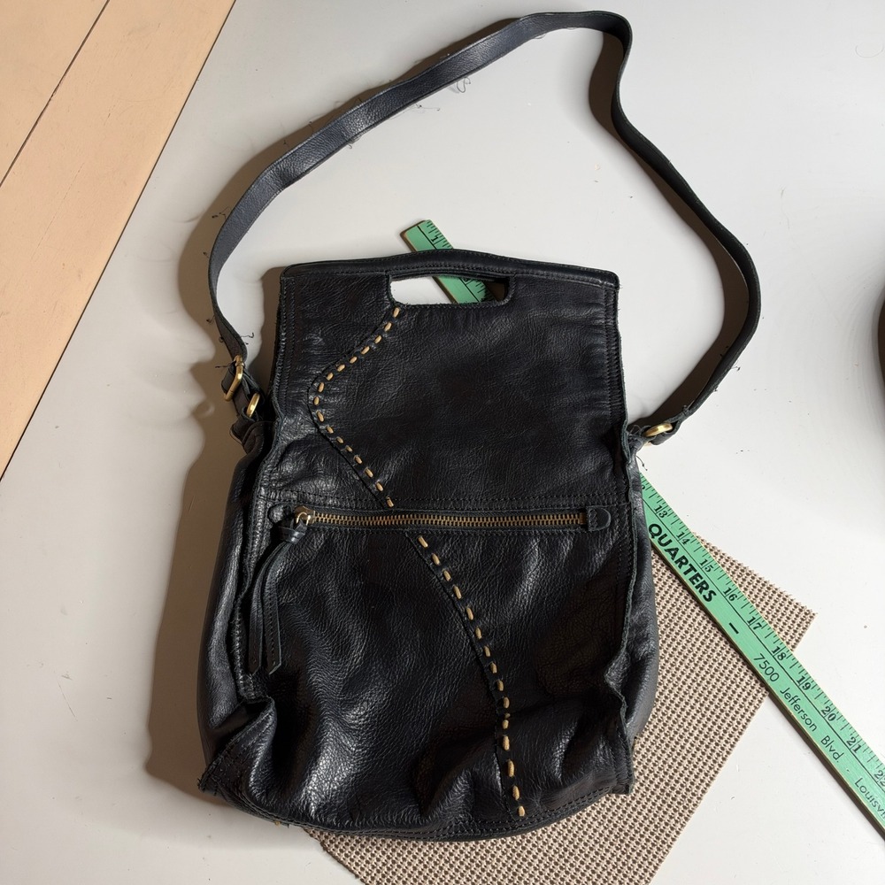 Lucky Brand Black Leather Foldover Crossbody Bag Whipstitch Floral Lining Boho